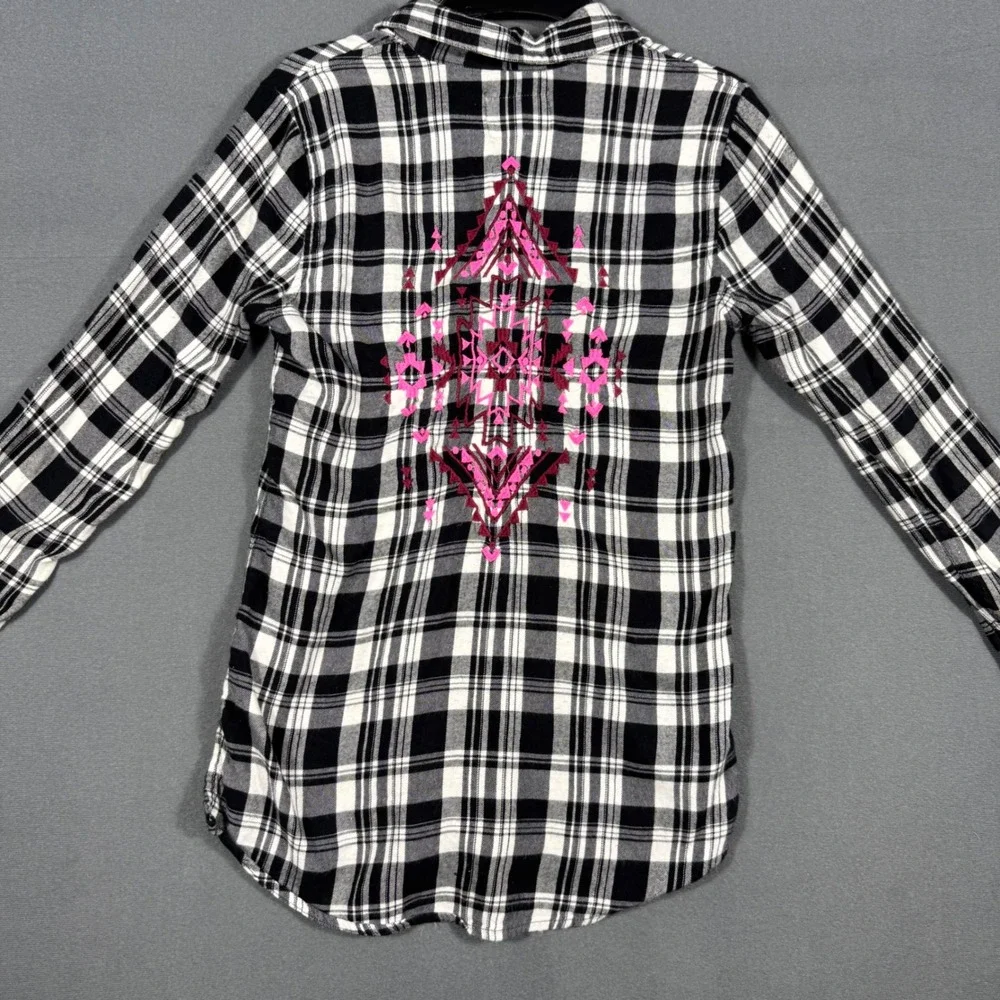 Justice Button Down Girls 14 Black White Plaid Pink Embroidered Flannel Shirt